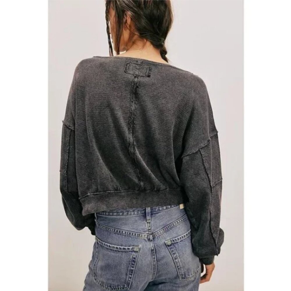 FREE PEOPLE Ife Pullover Sweater Thermal Textured Waffle Knit Crop Exposed Seams - Picture 8 of 16